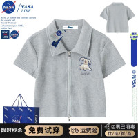 NASA美式復古灰色polo領短袖t恤女正肩設計感小眾短款辣妹上衣夏