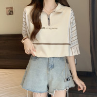 大尺碼夏季小眾設計拉鍊polo領短袖t恤女胖mm寬鬆顯瘦撞色拼接上衣