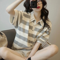 港味復古chic條紋正肩polo衫T恤女ins寬鬆鹽系學院風翻領短袖夏裝