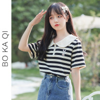 帛卡琪2023夏季新款寬鬆條紋短袖T恤女學生娃娃領兔子刺繡上衣潮