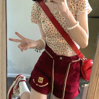 【ALITTLE 亂糟糟】原創櫻桃布貼蕾絲花邊背後大蝴蝶結短褲夏季