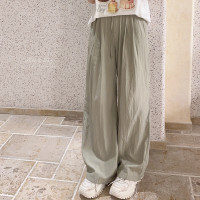 柔軟 輕薄涼快 抽繩鬆緊腰 寬鬆直筒 休閒長褲 夏季女 H