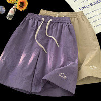 紫色速乾透氣沙灘短褲女小個子運動闊腿設計感復古美式五分褲子夏