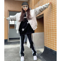 韓版運動闊腿褲女2023春秋新款寬鬆顯瘦高腰垂感拖地黑白多條紋褲