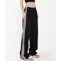 美式黑色直筒運動褲女早秋新款衛褲百搭條紋長褲闊腿顯瘦休閒褲子