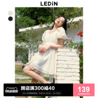 樂町甜美收腰洋裝2023年夏季新款方領泡泡袖法式茶歇在逃公主裙