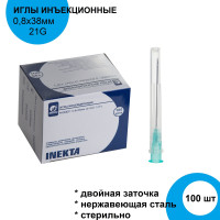 Иглы для шприцов медицинские стерильные инъекционные / одноразовые иголки для инъекций и уколов из хирургической нержавеющей стали 0,8*38 мм 21G Inekta, набор 100 шт