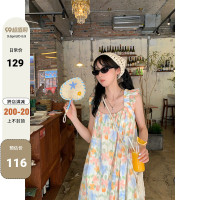 CCKOK 2023年夏季度假風印花可愛甜美寬鬆長版背心1/4吋套筒扳手袖洋裝女