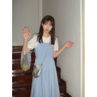 五折不退換 奶兔星球-自制 吊帶裙少女夏季裙子肌理綁帶連衣裙