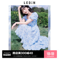 樂町海島來信洋裝2023夏季女裝初春雪紡法式長裙藍色碎花裙子