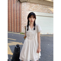 奶兔星球-自制 雙層袖V領花邊綁帶連衣裙垂感收腰顯瘦裙子女夏季