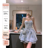 芭比姨仿魚骨吊帶洋裝女秋多巴胺穿搭抹胸紮染泡泡袖公主蓬蓬裙