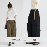 步履不停 日系小眾休閒戶外露營風女褲通勤抽繩闊腿褲工裝褲  女