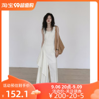 八月 奶杏色雪紡無袖圓領吊帶洋裝女夏季不規質高級感開叉裙子