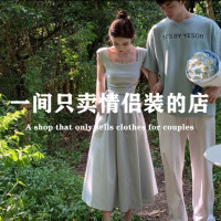 網紅情侶裝春夏裝2023新款抽繩方領收腰拼接無袖女洋裝短袖T恤