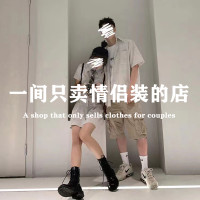 情侶裝夏裝小眾設計感2022新款潮流夏季港風短袖襯衫女格子連身裙