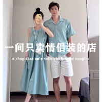 小眾設計感情侶裝夏季新款短袖襯衫法式無袖女洋裝一裙一衣潮牌