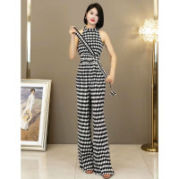 連身褲女夏季新款高級感無袖掛頸棋盤格高腰顯瘦薄款連衣闊腿褲子