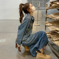 復古藍色牛仔洋裝女秋季2023新款港風休閒開叉顯瘦中長版襯衫裙