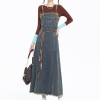 Chic韓搭復古皮扣收腰顯瘦牛仔抱嬰袋裙小眾設計流蘇吊帶長裙洋裝