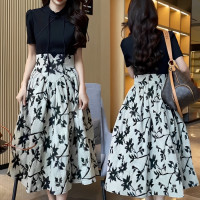 新中式短袖拼接國風洋裝復古大尺碼碎花收腰顯瘦假兩件旗袍裙子女