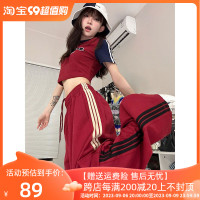 美式復古酒紅色工裝褲女夏季高腰顯瘦hiphop休閒褲直筒闊腿運動褲