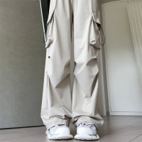 卡其色工裝褲女夏季薄款高腰休閒直筒冰絲闊腿褲美式降落傘運動褲
