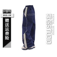 美式復古工裝褲女秋冬藏青色寬鬆休閒褲長褲設計感直筒闊腿運動褲