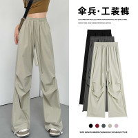 杏色運動褲女夏季薄款2023新款高腰闊腿降落傘褲子休閒速乾工裝褲
