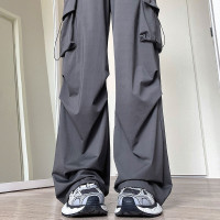 灰色工裝褲女春秋2023新款降落傘休閒闊腿高腰顯瘦美式夏季運動褲