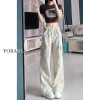 美式白色速乾工裝褲女高腰秋季新款大尺碼胖mm寬鬆顯瘦休閒寬褲子
