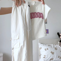 美式白色工裝褲女寬鬆束腳夏季薄款高腰顯瘦闊腿褲休閒速乾運動褲