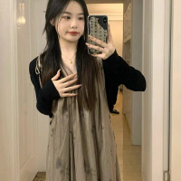 枯花暈染重工一片式遮肉顯瘦吊帶裙2022夏季新款風抽褶洋裝