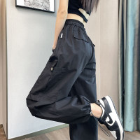 美式冰絲速乾工裝褲子女夏天薄款百搭顯瘦寬鬆束腳休閒闊腿運動褲