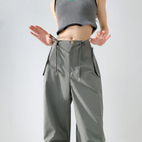 美式工裝褲女夏季薄款高腰垂感闊腿褲寬鬆拖地束腳休閒紙袋傘兵褲