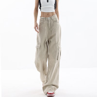 KEN STUDIO美式復古工裝褲女夏季抽繩大口袋設計感寬鬆闊腿褲褲子