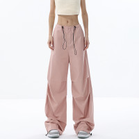 KEN STUDIO原創設計粉色工裝褲女美式收腰顯瘦寬鬆闊腿束口褲褲子