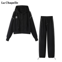 拉夏貝爾/La Chapelle秋季黑色運動套裝女撞色包邊外套衛褲兩件套