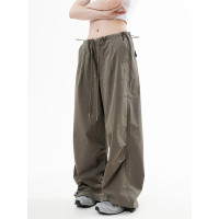 川川也 美式抽繩傘兵褲工裝褲男女辣妹闊腿高腰休閒褲子復古寬鬆