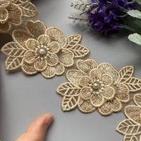 1 ярд винтажная Золотая Полиэстеровая жемчужная Цветочная вышитая кружевная отделка Лента ткань ручной работы «сделай сам» одежда свадебное платье Швейное Ремесло