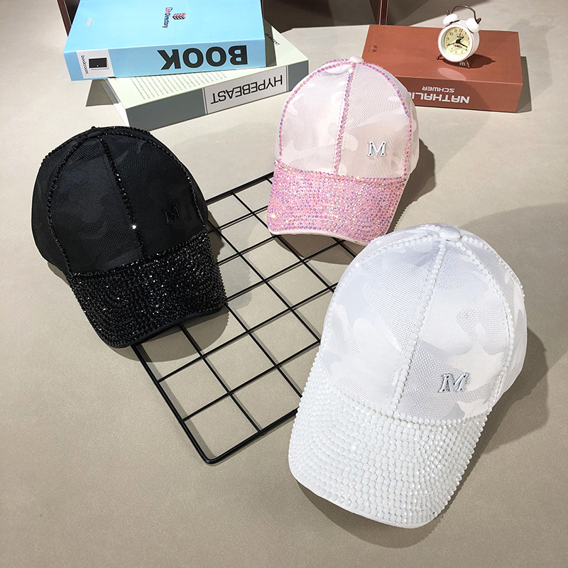 Letter M  Women Rhinestone Baseball Cap Pink Breathable Mesh Hat Adjustable Outdoor Sport Black Lady Peaked Summer Sunhat04