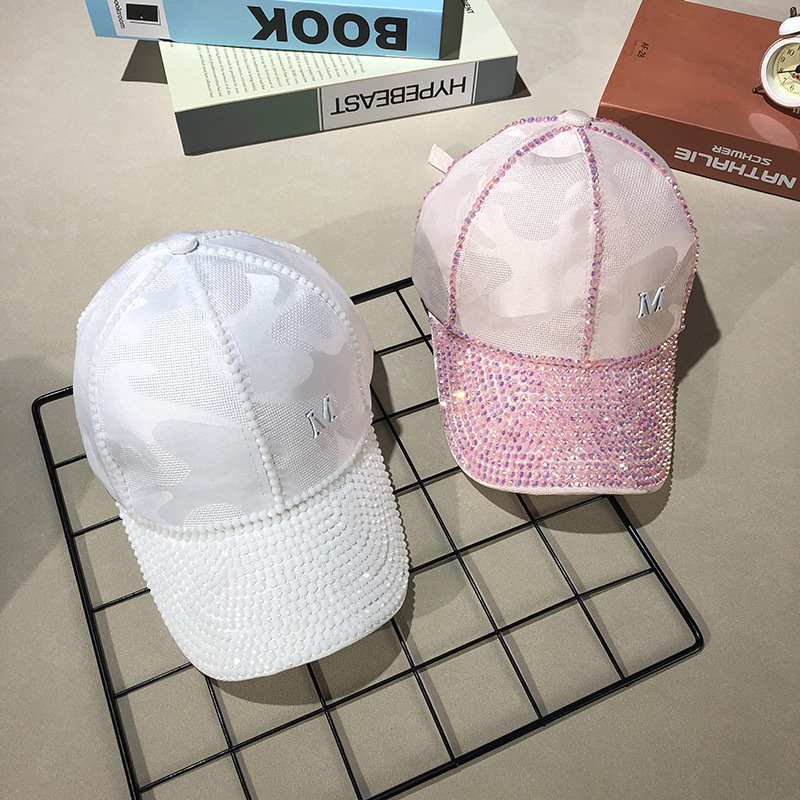 Letter M  Women Rhinestone Baseball Cap Pink Breathable Mesh Hat Adjustable Outdoor Sport Black Lady Peaked Summer Sunhat03