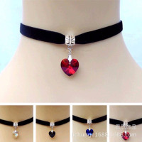 欧美时尚绒布吊坠水晶爱心保色项链 多色水昌心型绒布项饰首饰