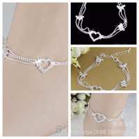 源头工厂精品镶钻心型脚链 女式三层心型新娘婚纱珠宝脚饰