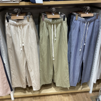 優家夏季新款女裝麻混紡鬆緊長褲休閒褲寬鬆直筒寬褲454542