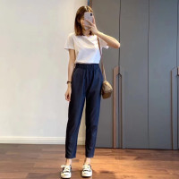 放心囤~定製面料！夏薄款天絲面料休閒九分褲女彈力鬆緊腰大尺碼女