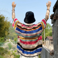 美式復古彩虹條紋polo領短袖襯衫男女潮牌鏤空針織衫休閒寬鬆短袖