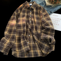 古著vintage棕咖色格子襯衫男高級感美式復古長袖襯衫巴洛克外套