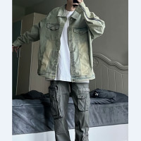 水洗做舊黃泥牛仔外套男春秋款美式拉鍊工裝夾克潮牌情侶牛仔褂子