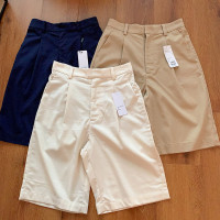 U++~巨腿肉顯瘦！女裝2022夏款高腰麻混紡百慕五分褲休閒闊腿五分褲